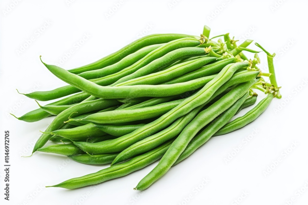 A pile of freshly picked green beans neatly arranged on a white background A pile of freshly picked green beans neatly arranged on a white background