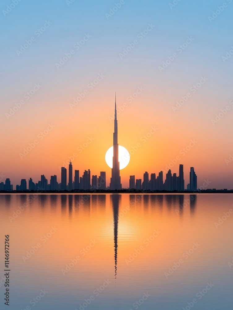Fototapeta premium Dubai Skyline Sunset Reflection - Serene sunset over Dubai's iconic skyline, reflected in tranquil waters. Symbolizing peace, urban beauty, golden hour, modern architecture, and reflection.