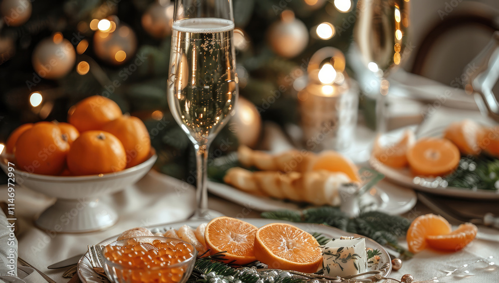 A new year table with champagne, caviar, salad and tangerines. A new year table with champagne, caviar, salad and tangerines.