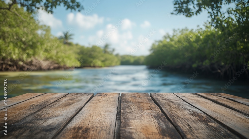 Wooden planks overlooking tranquil river in lush green mangrove forest. Wooden planks overlooking tranquil river in lush green mangrove forest.
