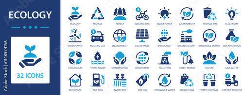 Ecology icon set. Green energy and Ecology symbol collectiom. Recycle, nature, wind power, sustainabilit