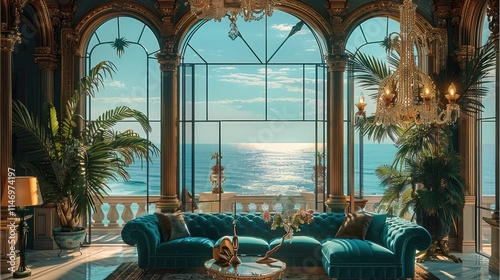 Luxurious living room with large windows overlooking the ocean, a teal velvet sofa and a chandelier, ornate details, lush greenery decor, vintage-style decor, maximalist interior design.