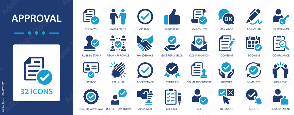 Approval flat icons set. Check mark, certified, validation, agreement, thumps up.