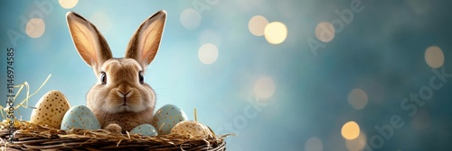 Lovable Easter Bunny Peeking from a Basket - Adorable Easter bunny nestled in a basket with colorful eggs, symbolizing spring, new beginnings, hope, joy, and celebration. photo