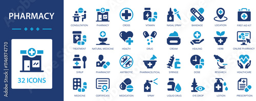 Pharmacy icon set. Medicine, treatment, take medication, tablet, capsule, syringe, drip, bandage.