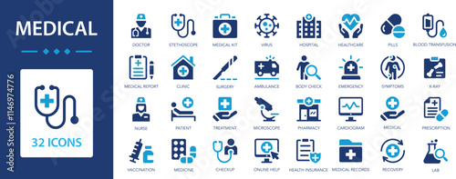 Medical icon set. Doctor, treatment, healthcare, medicine, hospital, nurse, pills. Medicine and health care.