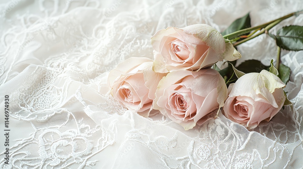 Soft pink roses on a romantic lace background, close-up shot, Minimalist style Soft pink roses on a romantic lace background, close-up shot, Minimalist style