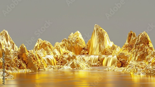 Volumetric stucco molding in a 3D bas-relief on a concrete wall, highlighted with golden elements, depicting a Japanese landscape with a waterfall and mountains. photo