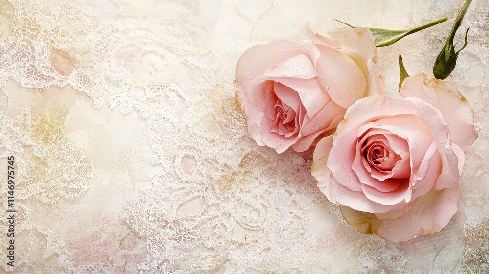 Fototapeta premium Soft pink roses on a romantic lace background, close-up shot, Minimalist style