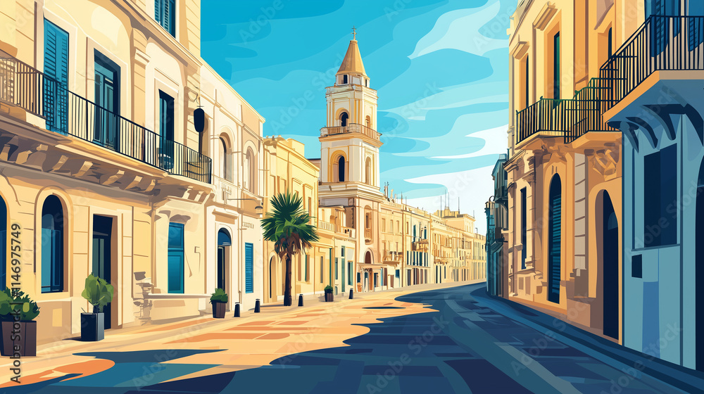 Obraz premium Illustration, Cityscape of Lecce in Puglia, Italy. Touristic advertisement poster. Promotional touristic poster. Beautiful city in Italy. Must-see tourist travel destination.
