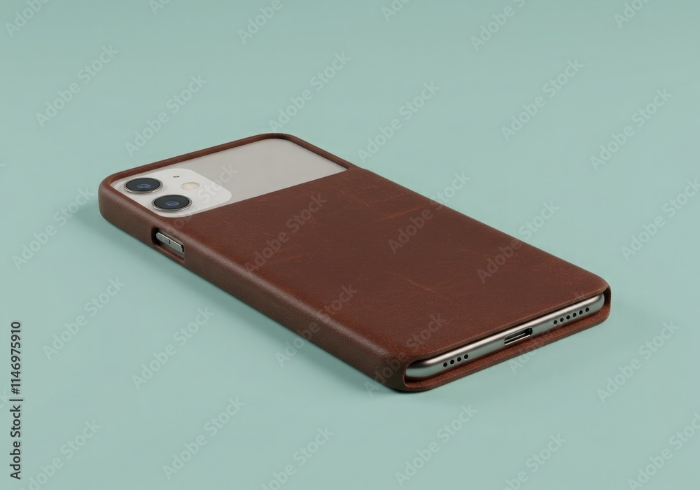 A minimalist leather phone case placed on a pastel mint surface, blending sleek design with soft tones—perfect for modern tech, style, and product visuals