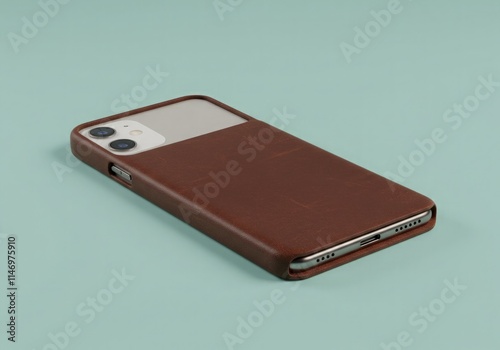 Obraz na płótnie A minimalist leather phone case placed on a pastel mint surface, blending sleek design with soft tones—perfect for modern tech, style, and product visuals w salonie