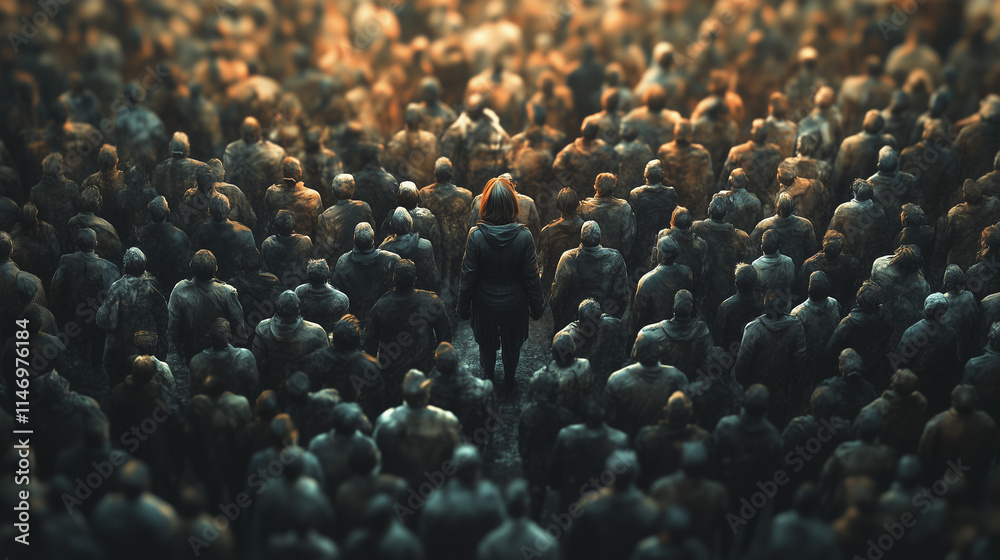Obraz premium Grey crowd with a woman standing out