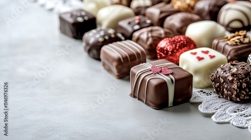 A variety of chocolates on a table with a doily