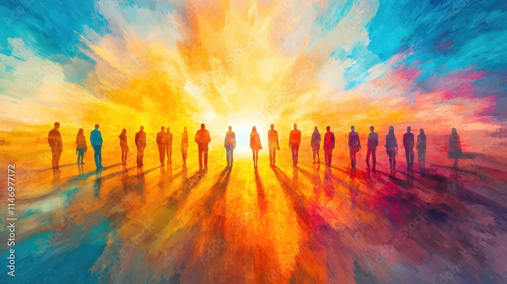 Fototapeta premium Vibrant Sunrise Scene with Silhouettes Symbolizing New Beginnings and Hope in a Colorful Landscape