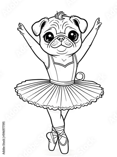 Adorable pug ballet dancer outline drawing for kids coloring book pages,