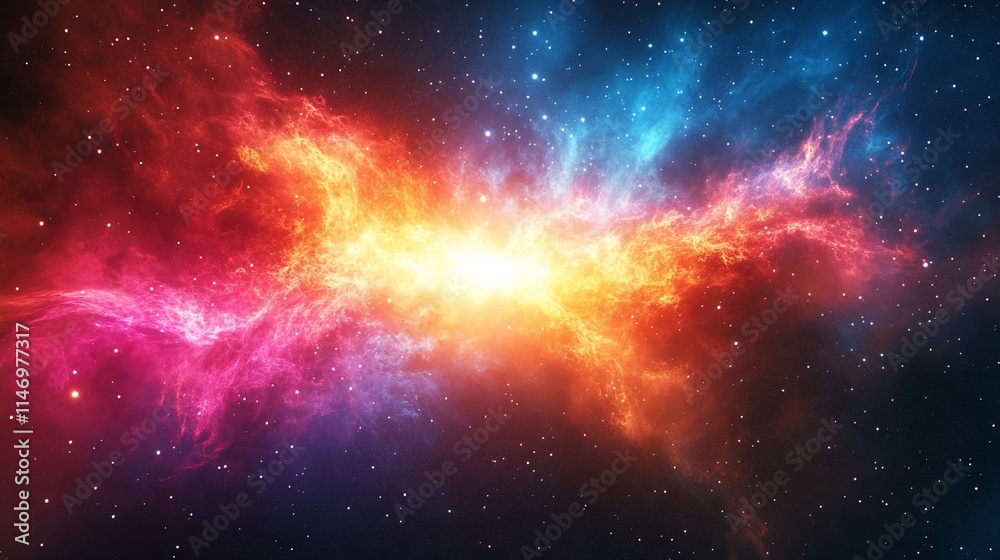 Naklejka premium Cosmic collision of red and blue nebulae in space.