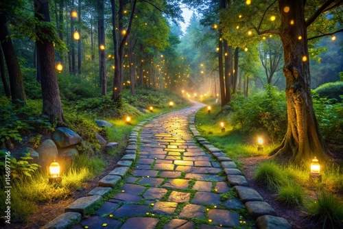 Magical forest scene with illuminated fireflies and glowing lanterns along a stone trail Wallpaper Background