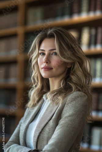 Professional woman in a library setting showcasing confidence and poise during a quiet afternoon