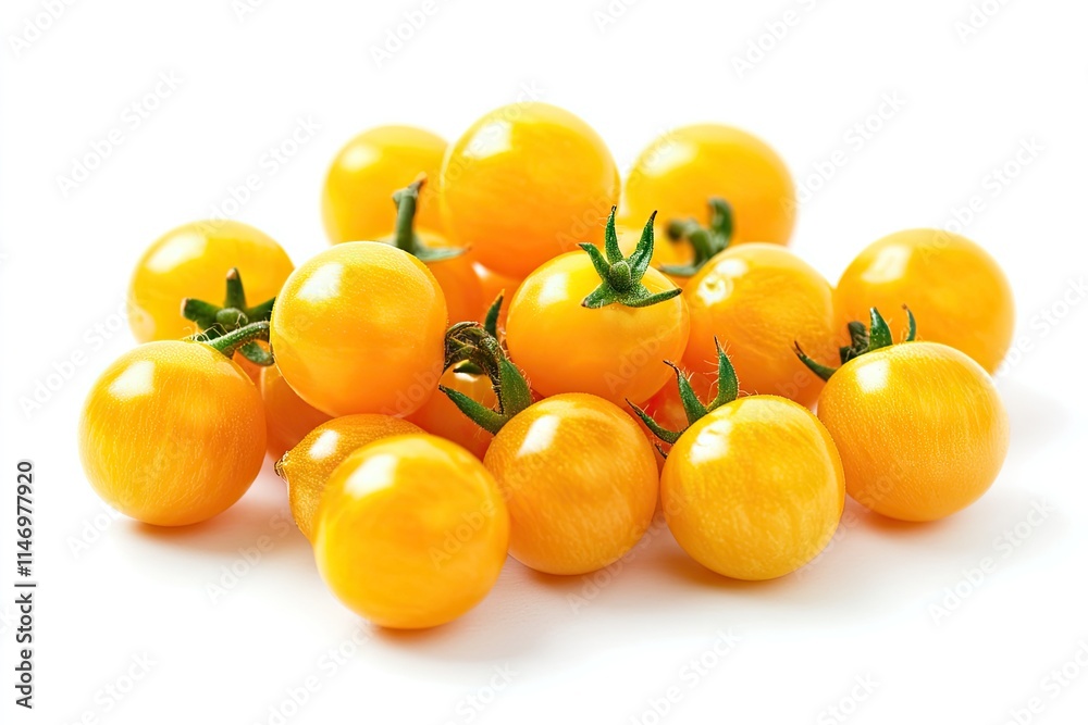 A pile of small yellow cherry tomatoes with a glossy finish, isolated on white A pile of small yellow cherry tomatoes with a glossy finish, isolated on white