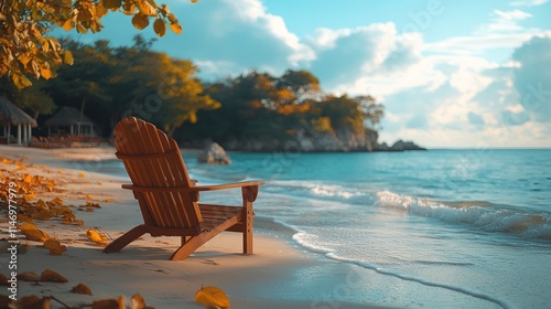Adirondack chair on tranquil beach at sunset.