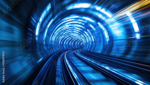 The image depicts a dynamic blue tunnel with glowing lights, showcasing train tracks that curve into the distance, creating a feeling of accelerated motion within a metropolitan subway.