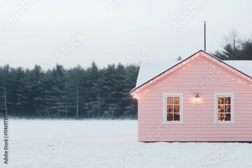 Pink wooden cabin covered in snow with christmas lights at dusk in winter wonderland photo