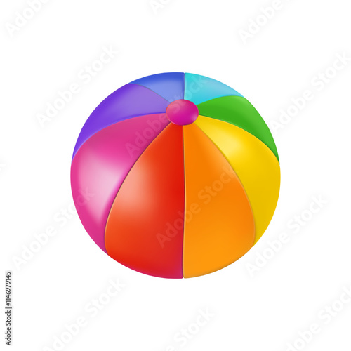 Rainbow beach ball for pool or island ocean. Inflatable balloon for circus clown. 3d summer water party kid toy element. Sea swimming beachball, multicolor striped bauble object. Vector design element