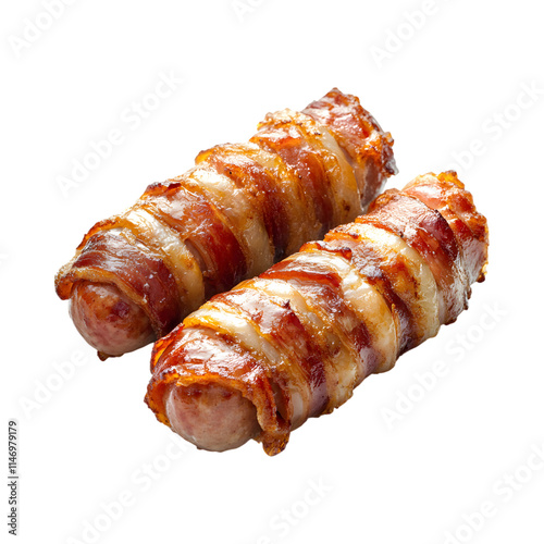 Mouthwatering Bacon wrapped breakfast sausages Isolated On Transparent Background  photo