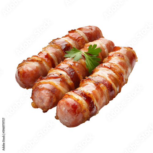 Mouthwatering Bacon wrapped breakfast sausages Isolated On Transparent Background  photo