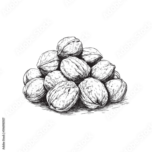 Walnuts vector illustrations - hand drawn walnuts - black and white walnuts isolated on white background