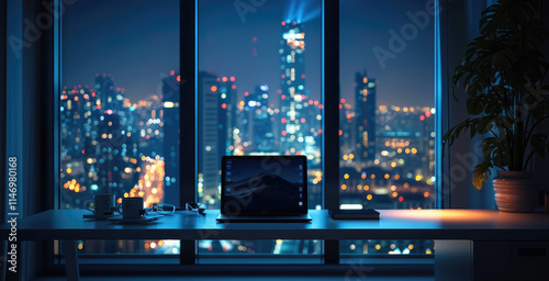 Minimalist penthouse workspace at night with city view and notebook on a sleek and clean white working table.