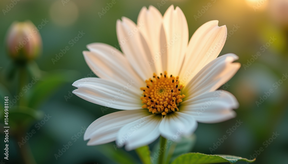Fototapeta premium Fresh white Daisy on a gentle background, ideal for joyful text overlays celebrating spring festivities.