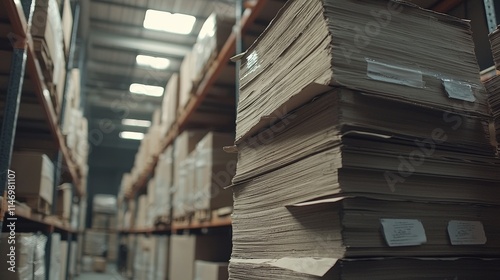 A storage zone with metal shelving and stacked cardboard boxes.