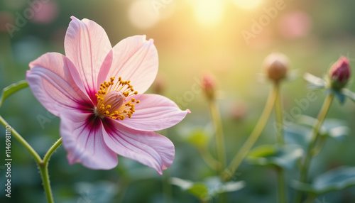 Delicate soft pink Cosmos flowers with a light background, perfect for cheerful text overlays in spring events.