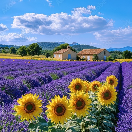 A field of sunflowers and a house