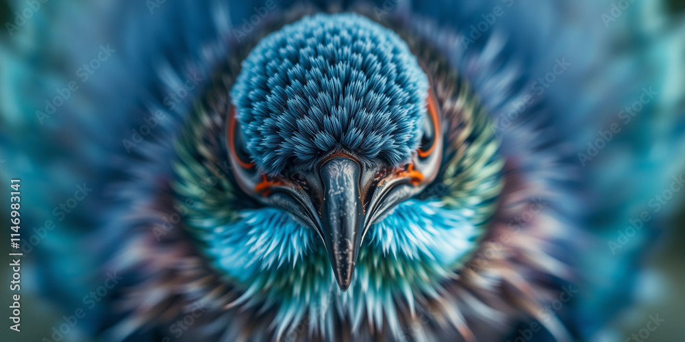 Obraz premium A close up of a bird's head with a blue and green color scheme. The bird's head is fuzzy and has a unique appearance