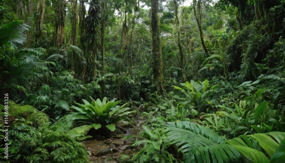 A vibrant tropical rainforest teeming with diverse shades of green foliage A vibrant tropical rainforest teeming with diverse shades of green foliage
