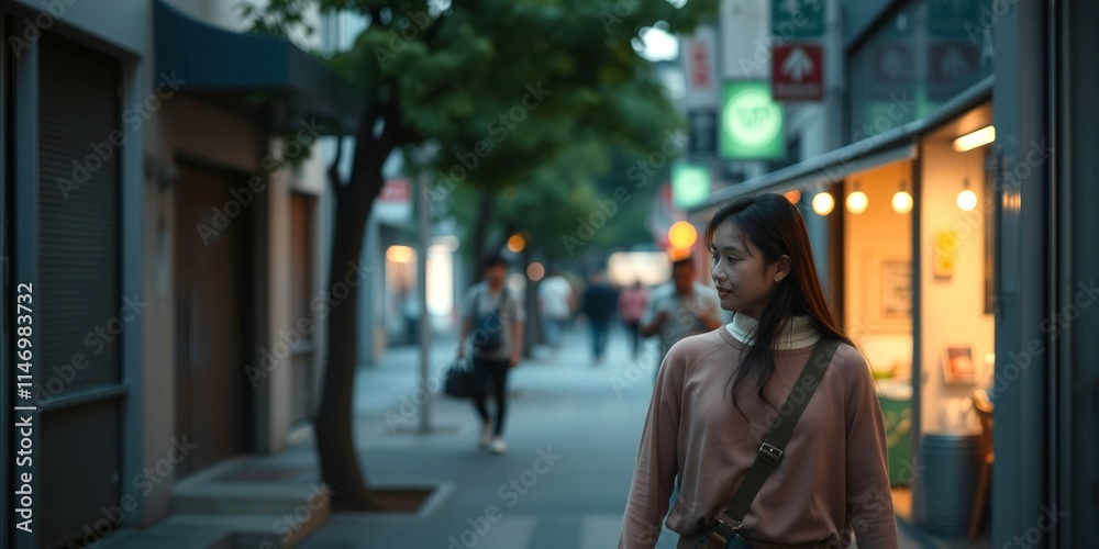 A woman is walking down a street with a black bag on her shoulder. The street is empty and the woman is the only person visible A woman is walking down a street with a black bag on her shoulder. The street is empty and the woman is the only person visible