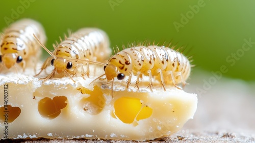 Close-up of three insect larvae feeding on cheese.