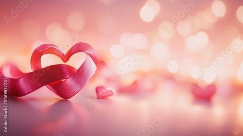 Pink ribbon hearts on bokeh background.