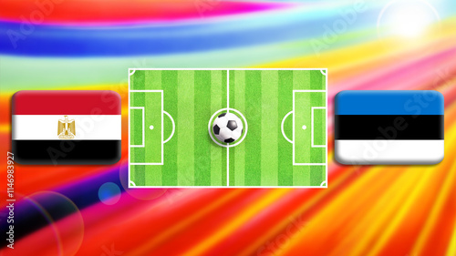 Egypt and Estonia flag on soccer field with ball.Football match concept against multicolored abstract background.Copy space for text.