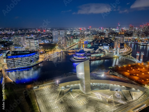 Canvas Print Manchester Salford Quays Aerial View at Night