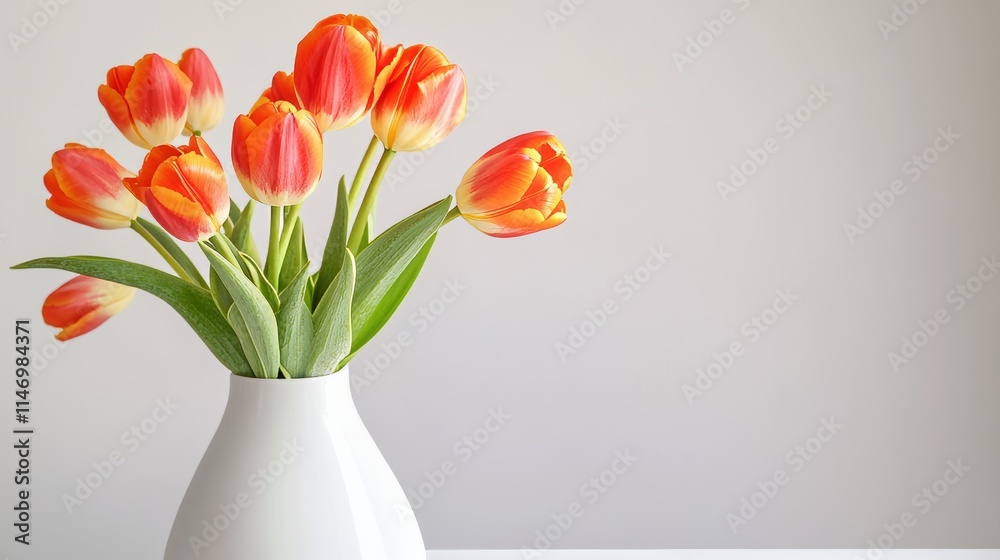 Vibrant orange tulips against a crisp white ceramic vase, close-up shot, Minimalist style