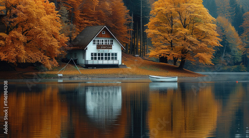 A small house on the shore of an autumn lake, with trees in full autumn color, reflected in the still water.