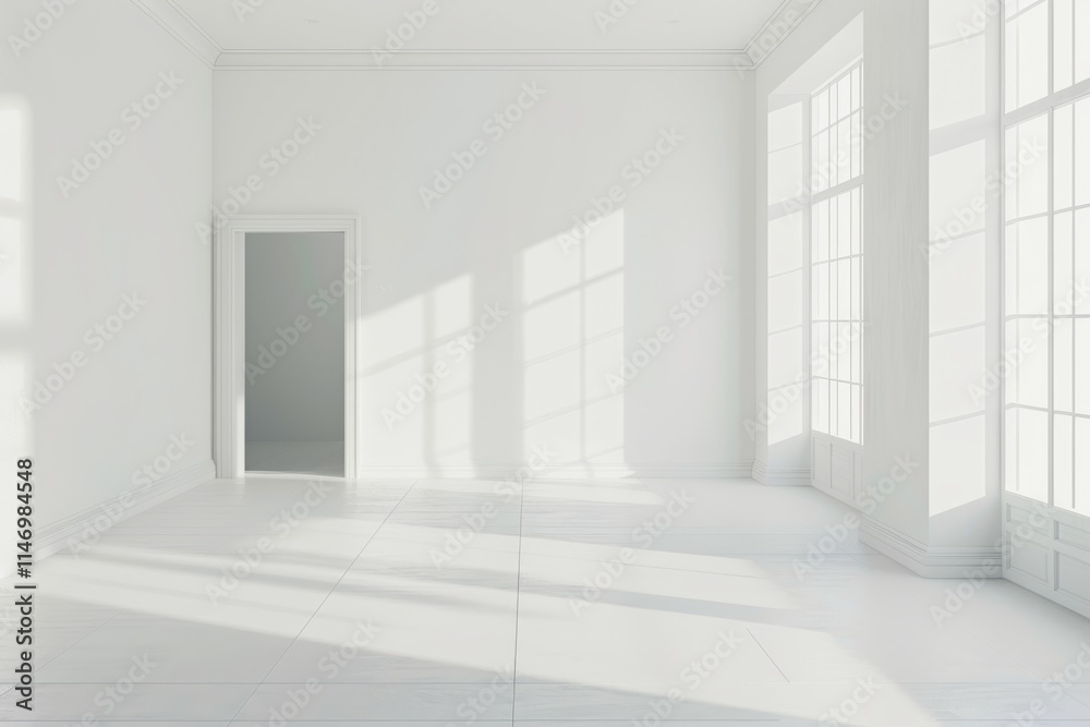 Fototapeta premium Minimalist empty room with large windows, white walls, and natural light creating a bright and airy atmosphere.