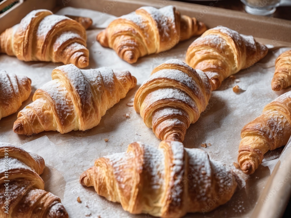 Freshly baked croissants on a parchment-lined tray, sprinkled with powdered sugar. Freshly baked croissants on a parchment-lined tray, sprinkled with powdered sugar.