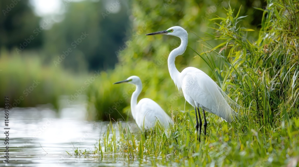 Fototapeta premium Two white egrets by a river in lush greenery.