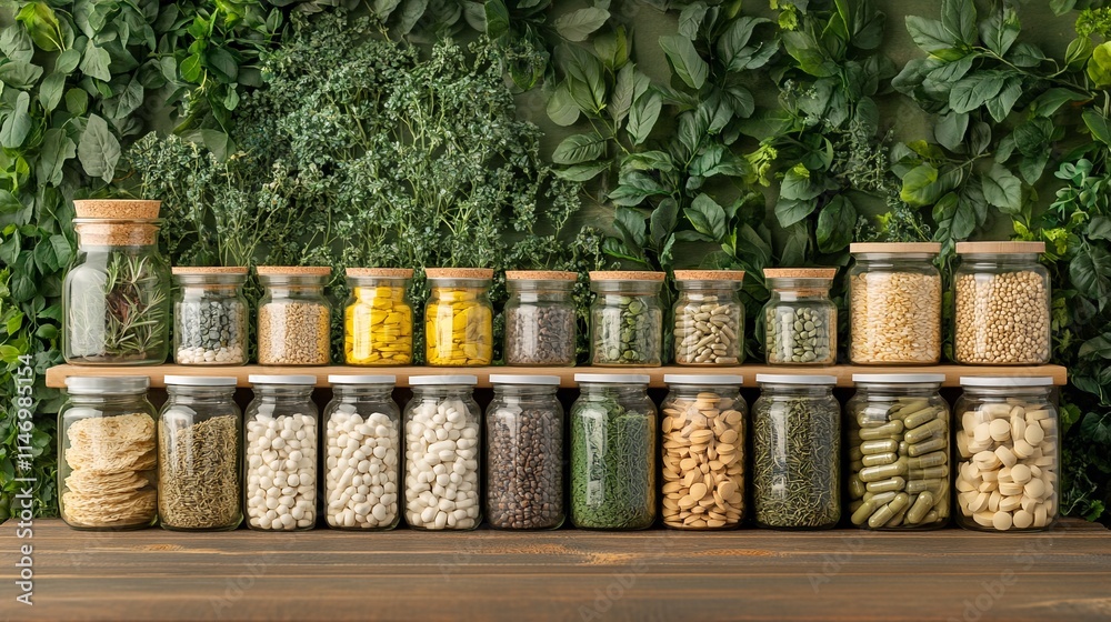 Fototapeta premium A Collection of Various Herbs and Spices Stored in Glass Jars.