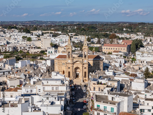 Aerial drone photo of the church in the town center of Alberobello, Puglia Italy.